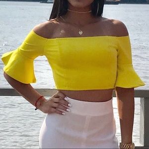 Yellow Off shoulder ruffled cropped top